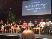 Francesca on stage at Hay with fellow YA Book Prize shortlisted authors